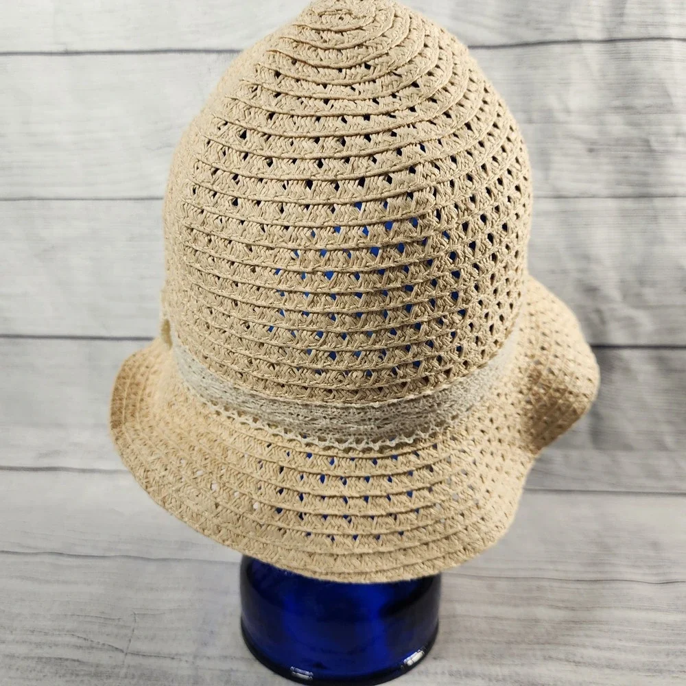 Disney Parks Mickey Mouse Lace Bow Straw Cloche Sun Hat Beige Adult 57cm